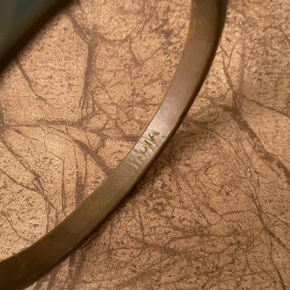 Vintage India Made Brass Blue Faux Turquoise Chip Stone Inlay Bangle Bracelet - Picture 5 of 8